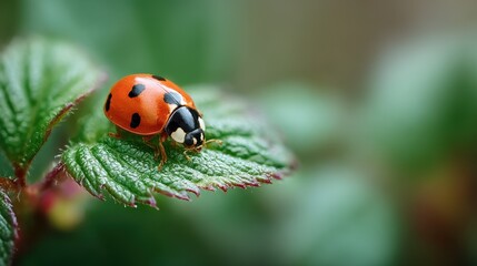 Fototapeta premium Vibrant closeup of a ladybug on a leaf sharply in focus with softly blurred surrounding foliage capturing insect species diversity within plant life.