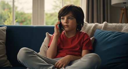 A young boy in a red shirt sits on a blue couch talking on a cell phone in a bright and airy room on transparent background