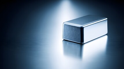 Rectangular metal bar on a reflective surface.
