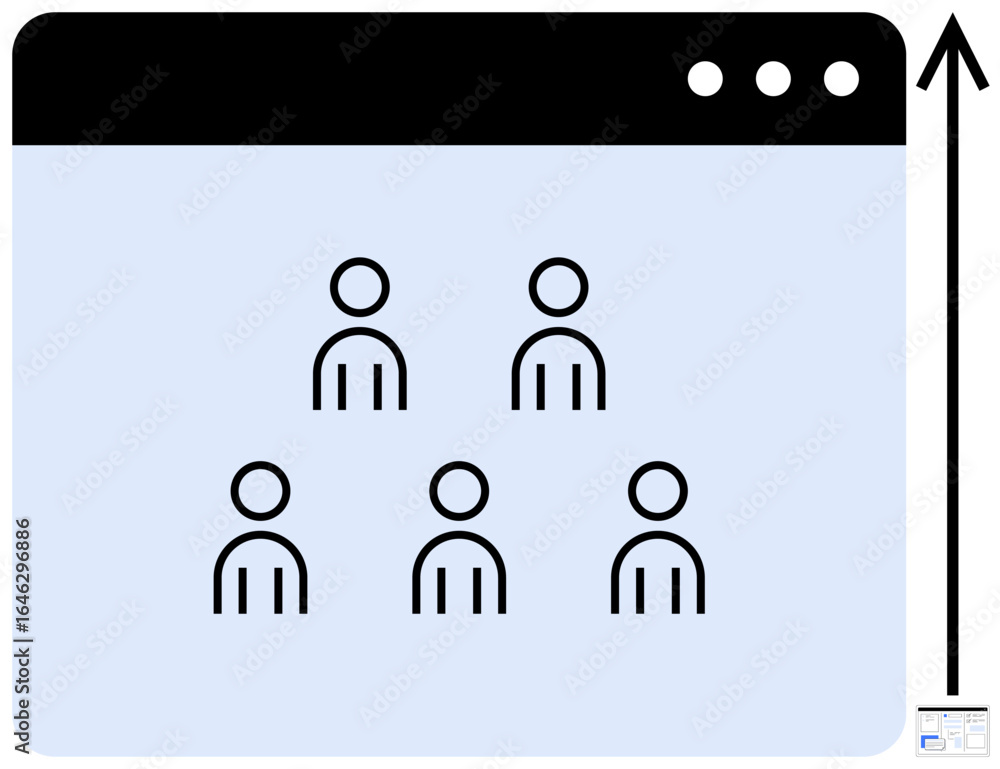Poster five simplified human figures arranged hierarchically within a browser interface. minimalistic desig