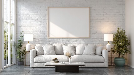 Fototapeta premium Bright living room with white brick wall, sofa, blank frame, side tables, plants, and window