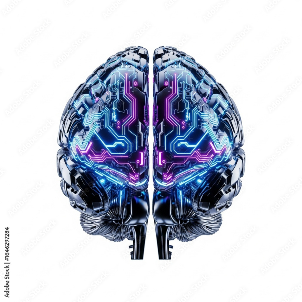 Poster digital representation of human intellect with glowing circuit patterns and metallic texture design 