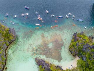 Big Lagoon and Small Lagoon at Miniloc Island near El Nido, Palawan, Philippines. Aerial 4K drone...
