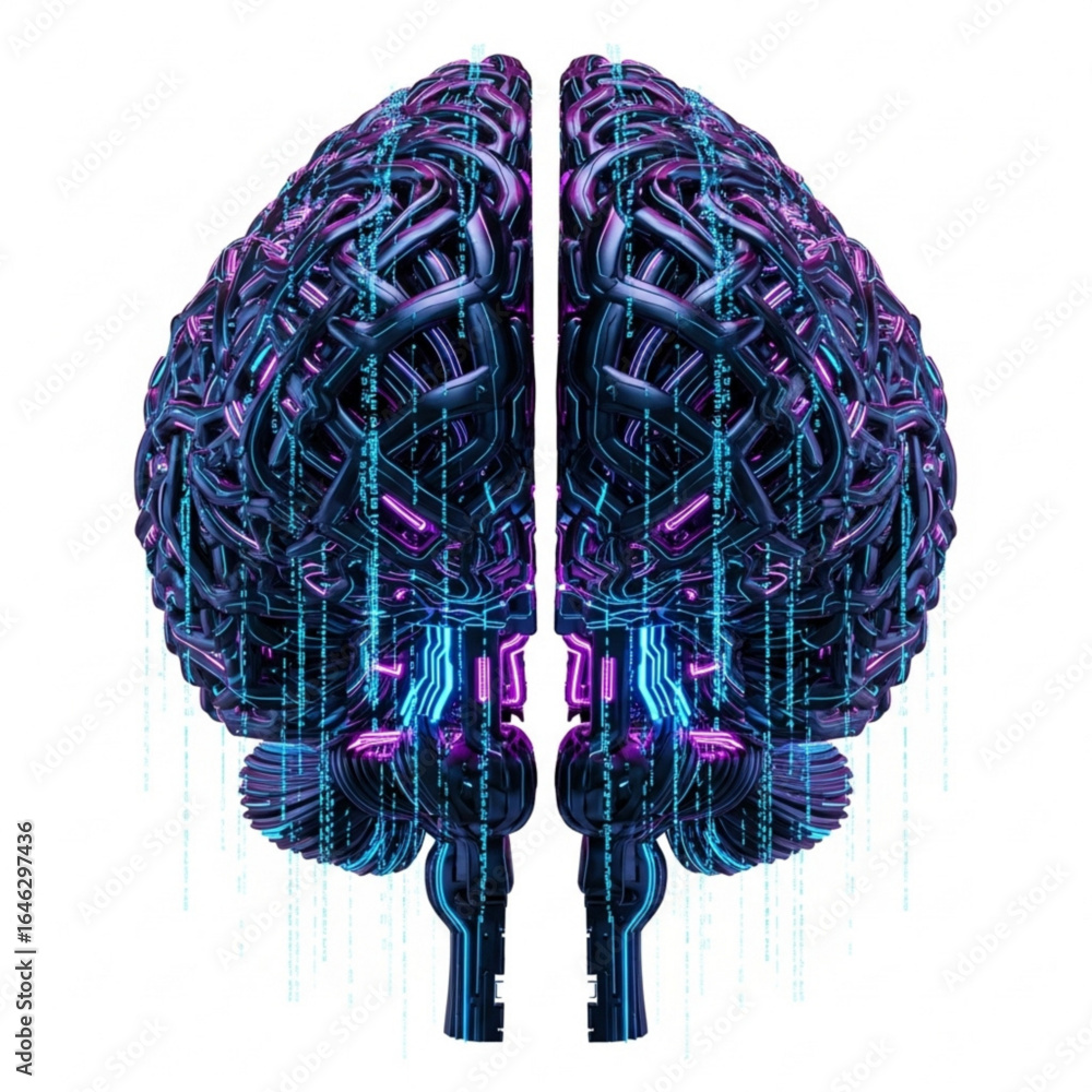 Aufkleber digital representation of human cerebrum with neon illumination and binary code cascading downward