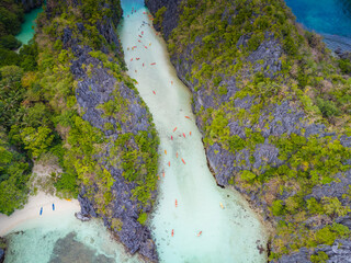 Big Lagoon and Small Lagoon at Miniloc Island near El Nido, Palawan, Philippines. Aerial 4K drone...