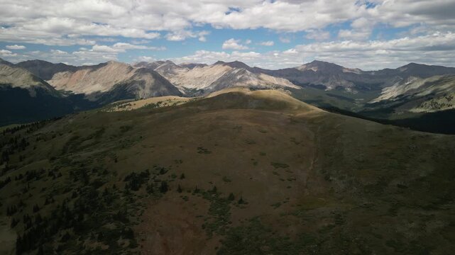 High alpine aerial of Collegiate Peaks in Colorado in Sawatch Range in summer