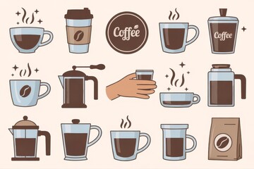 Delicious coffee collection with cups, brewing devices, and beans perfect for cafe menus or branding