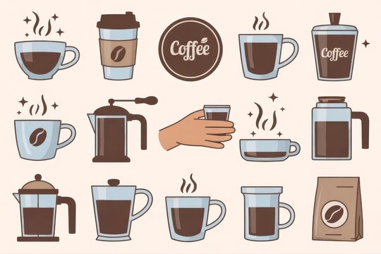 Delicious coffee collection with cups, brewing devices, and beans perfect for cafe menus or branding - Powered by Adobe