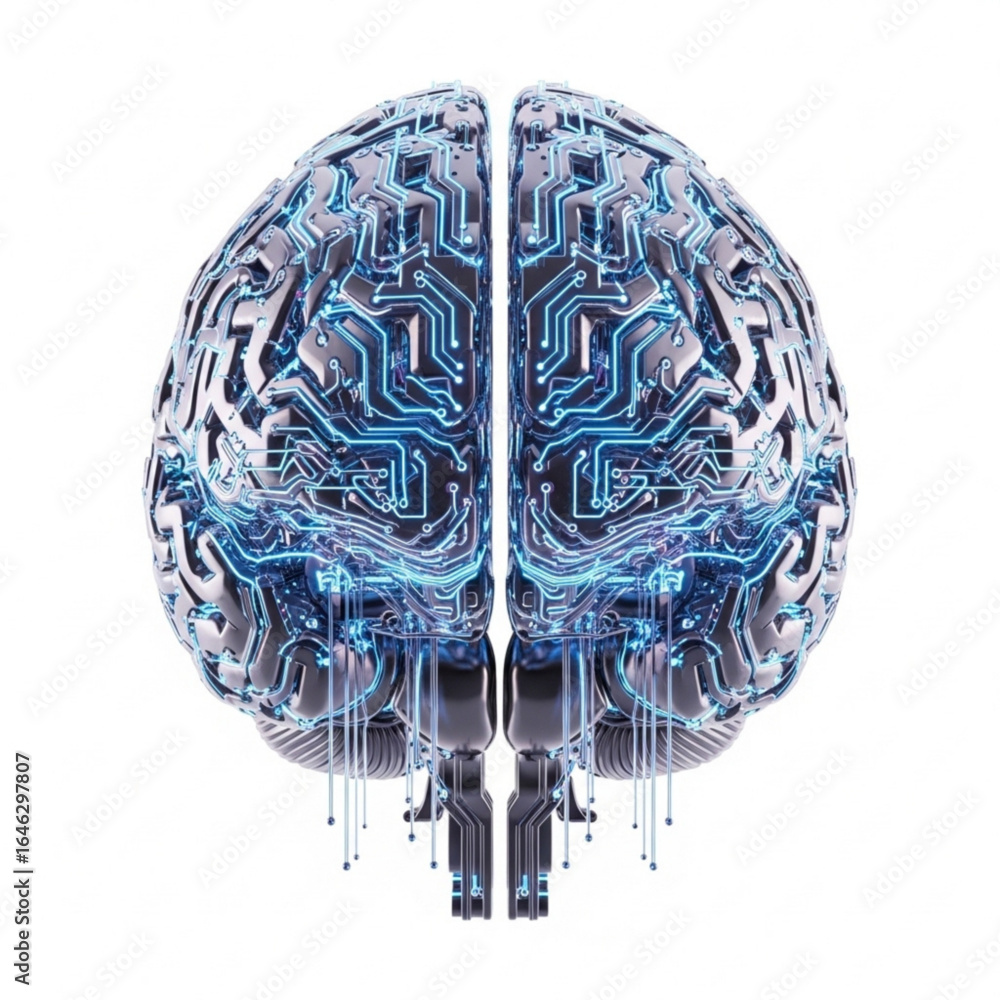 Poster artificial intelligence concept featuring metallic brain with glowing circuit patterns and connectio