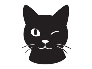 Black silhouette of winking cat face isolated on white background. concept of emotion, feline, pet, cute icon, logo, design element, art, expression.