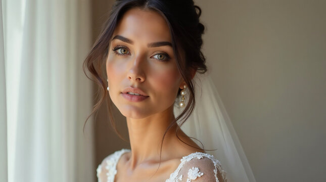 A portrait of a smiling brunette bride with a long veil, posing in a studio for her wedding