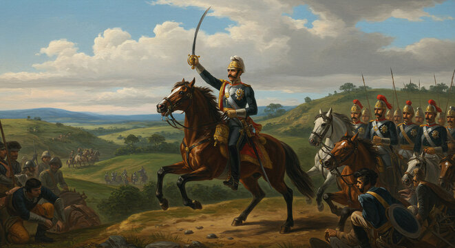 Pintura a &oacute;leo estilo cl&aacute;ssico retratando o Grito do Ipiranga com riqueza de detalhes, cores vibrantes e atmosfera her&oacute;ica