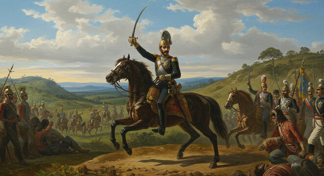 Pintura a &oacute;leo estilo cl&aacute;ssico retratando o Grito do Ipiranga com riqueza de detalhes, cores vibrantes e atmosfera her&oacute;ica