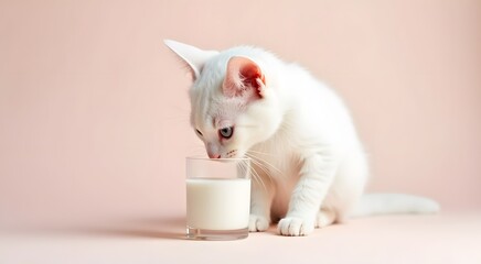 Adorable White Kitten Drinking Milk; Soft Pink Background; Cute Pet Stock Photo
