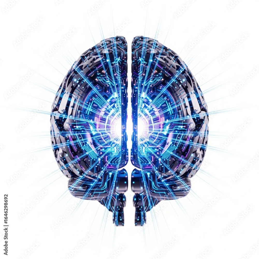 Poster illustration showcasing digital human intellect with glowing lines and circuit patterns on white bac