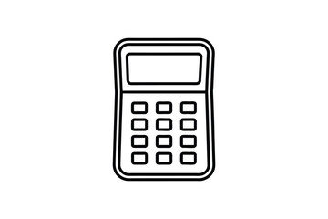 Simple black and white line art illustration of a calculator device with a keypad and display screen silhouette