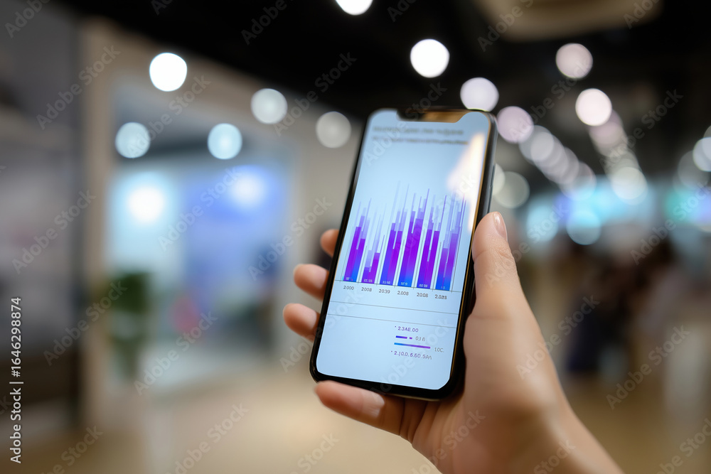 Poster hand holding smartphone displaying colorful data graph in modern setting