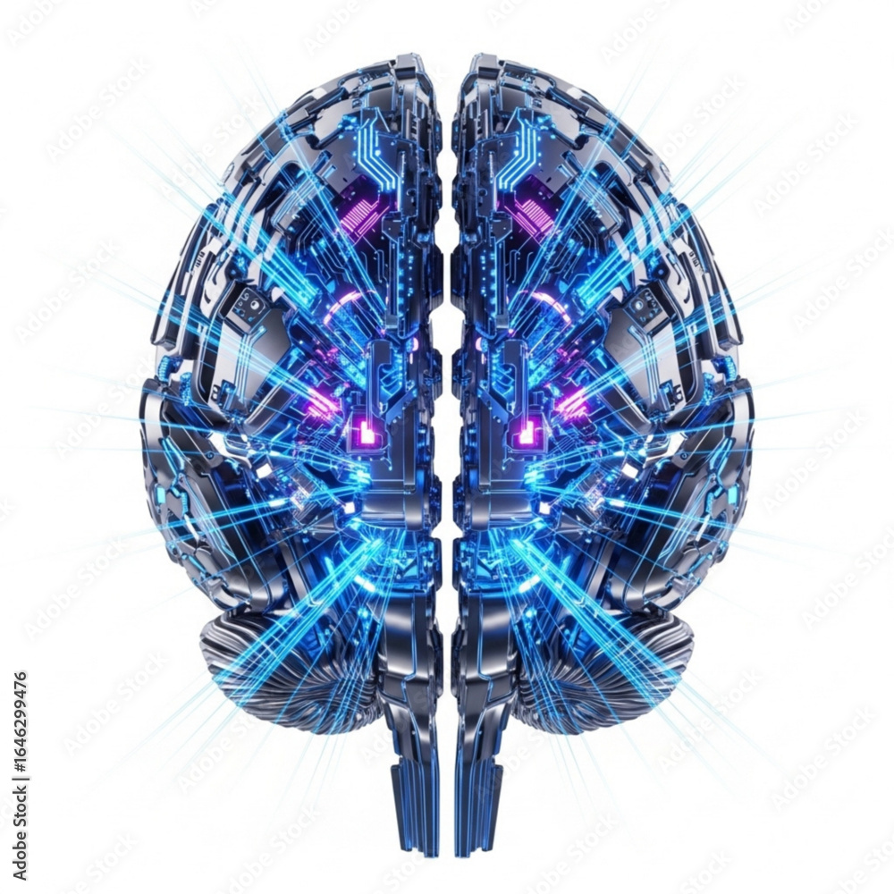 Poster illustration of robotic brain with circuit details and glowing lines on plain white background view 