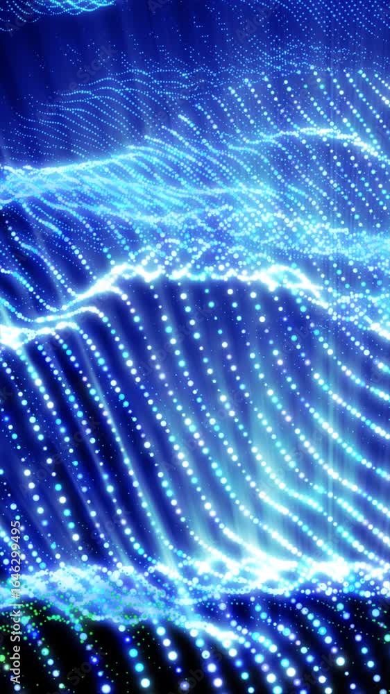 Poster flowing blue waves made of countless glowing dots creating a luminous and dynamic abstract pattern