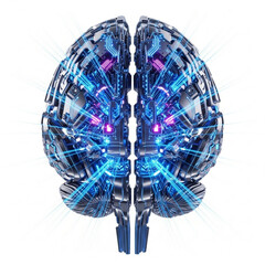 Fototapeta premium Illustration of robotic brain with circuit details and glowing lines on plain white background view from front