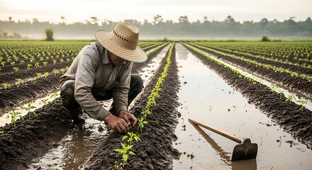 A farmer diligently nurtures young green seedlings in a vast, water-rich agricultural field.