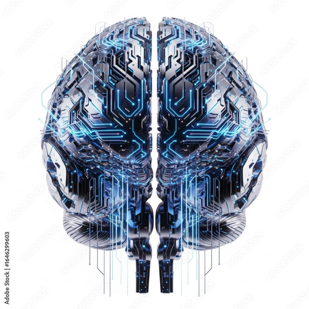 Aufkleber metallic cerebral organ with glowing circuitry and intricate network connections on white background