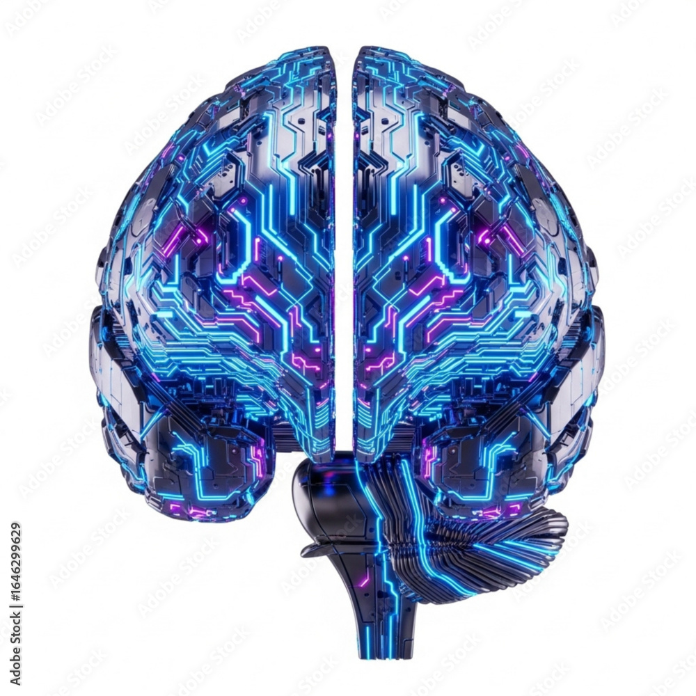 Poster render of a metallic brain with glowing blue and pink circuit patterns on white background showing d