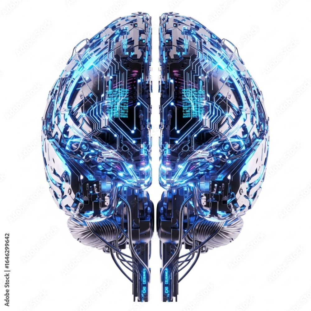 Poster futuristic metallic brain with intricate circuit patterns and glowing blue lights on white backgroun
