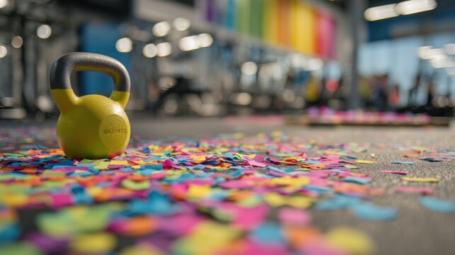 Focus on a colorful kettlebell confetti burst over a ribboncutting table with outoffocus attendees preparing for highenergy group fitness sessions.
