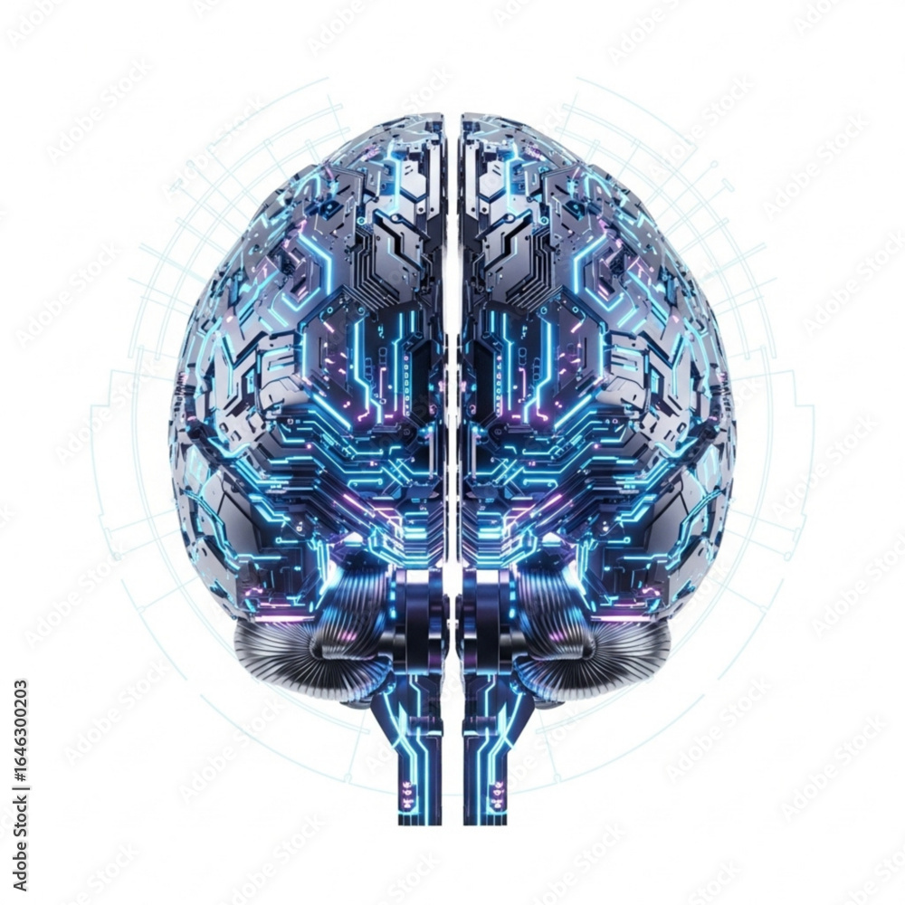 Poster stylized digital representation of human intellect with glowing circuit board patterns viewed from a