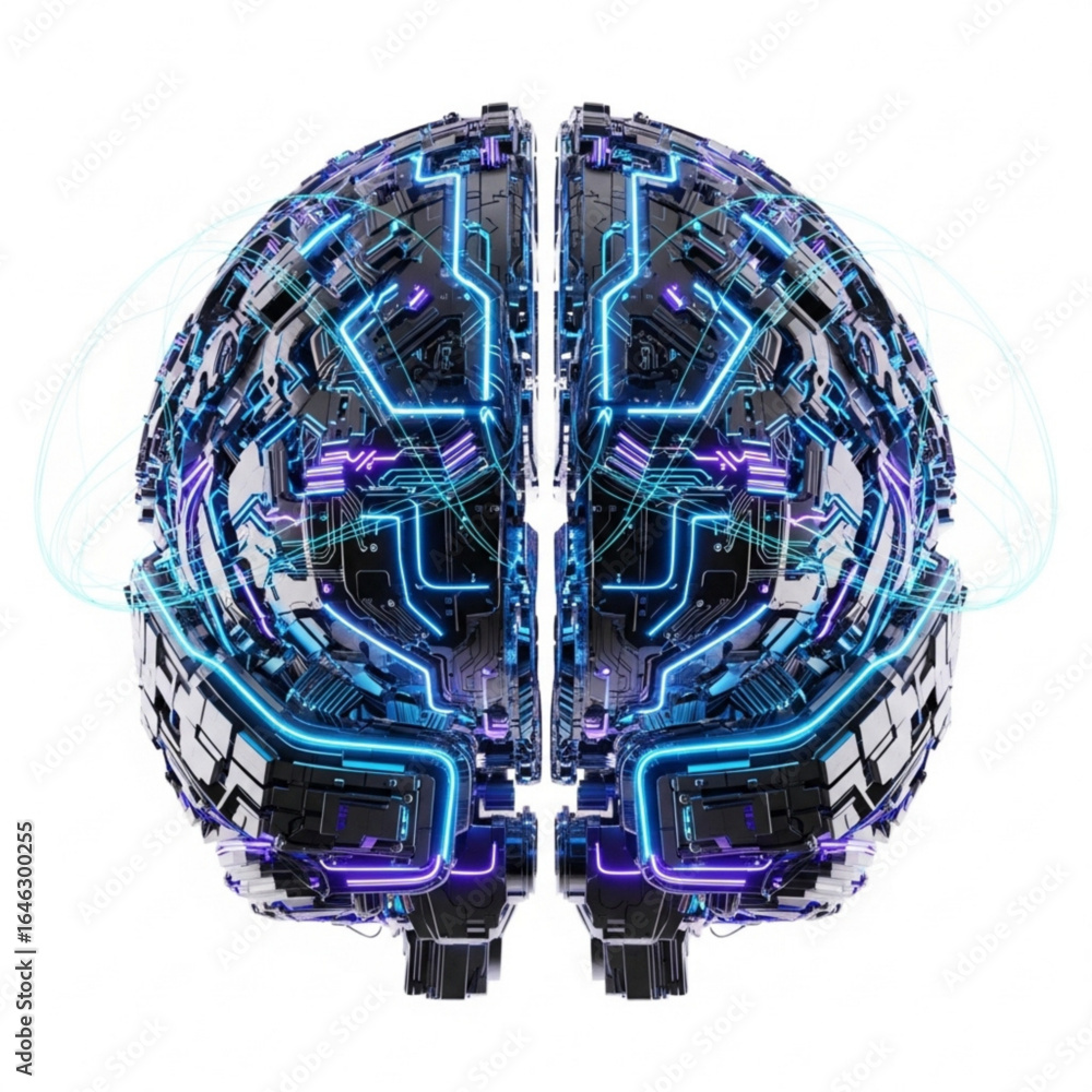 Poster futuristic representation of human intellect with glowing circuits and intricate mechanical componen
