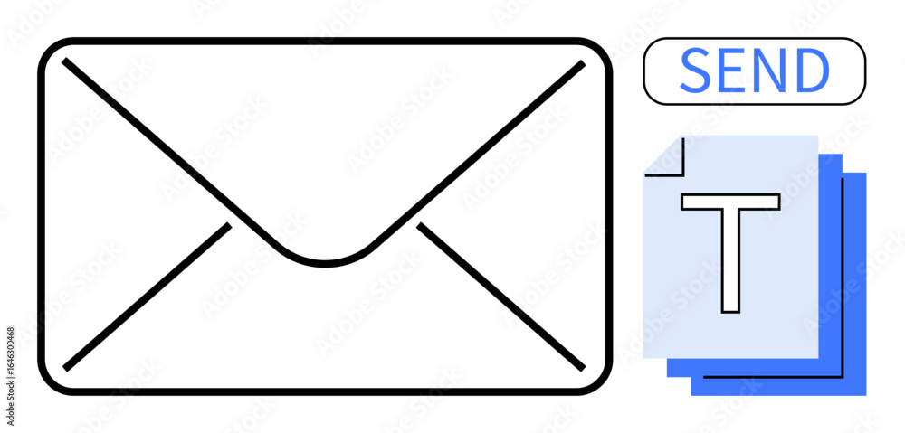 Poster envelope icon, layered text documents, and send button representing email creation, document sharing