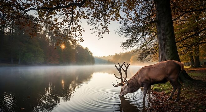 Cinematic view of a majestic red deer stag drinking from a misty lake at sunrise in autumn