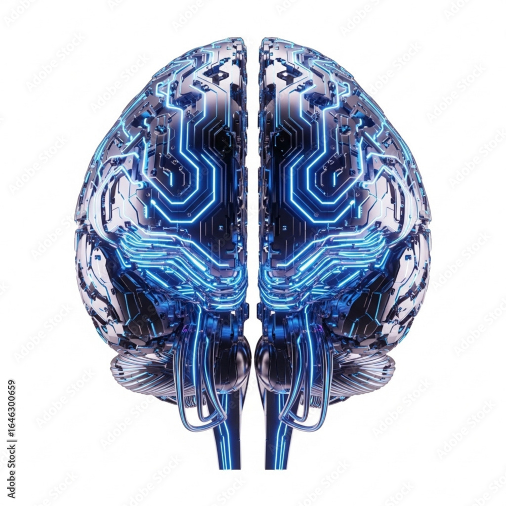 Poster artificial intelligence representation with futuristic metallic brain and blue neon circuit lines