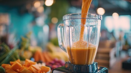 Crisp medium shot focusing on a fresh fruit and veggie smoothie being blended energetically as the wellness cafes Nutrition Hub sign fades softly in the background.