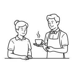 Friendly waiter serving customer coffee in a cafe, offering a warm welcome and excellent service for a delightful experience made from vector graphics
