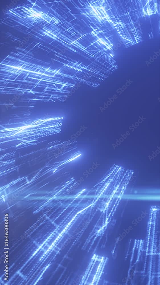 Poster abstract high-speed burst of glowing blue digital lines creating a tunnel effect