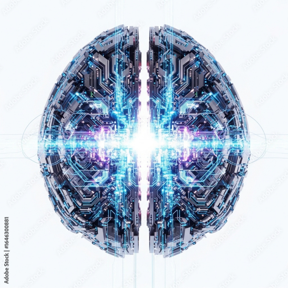 Poster futuristic brain representation with intricate circuitry and glowing light emanating from the center