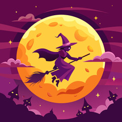 Witch Flying Across Full Moon Vector &ndash; Colorful Night Sky Fantasy Halloween in 8K