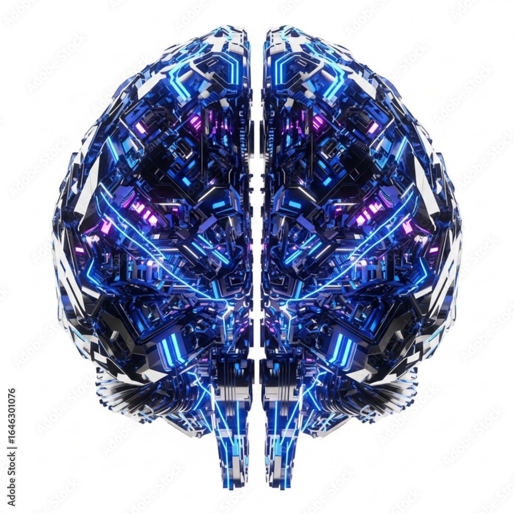 Poster futuristic representation of human intellect with intricate cybernetic enhancements and glowing neon