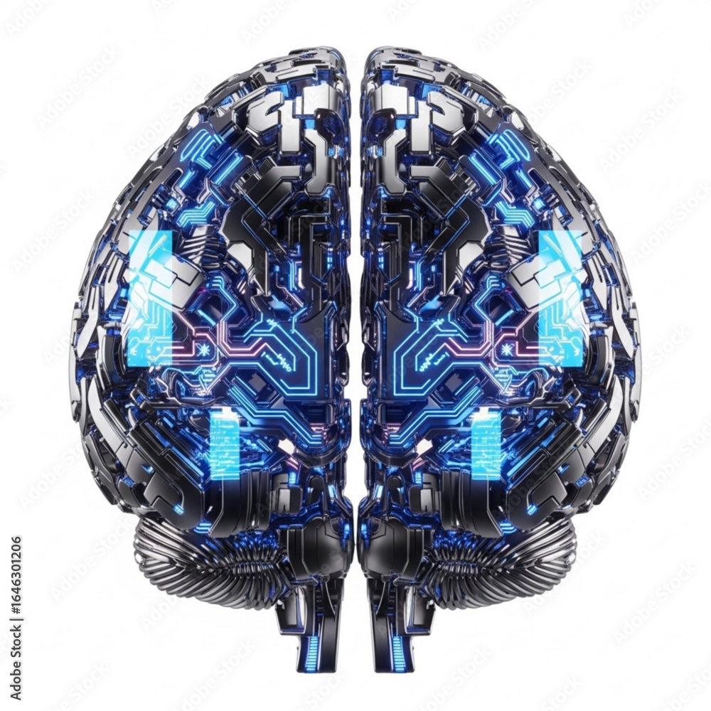 Poster robotic cerebral organ with intricate circuit patterns and metallic textures on plain white surface 