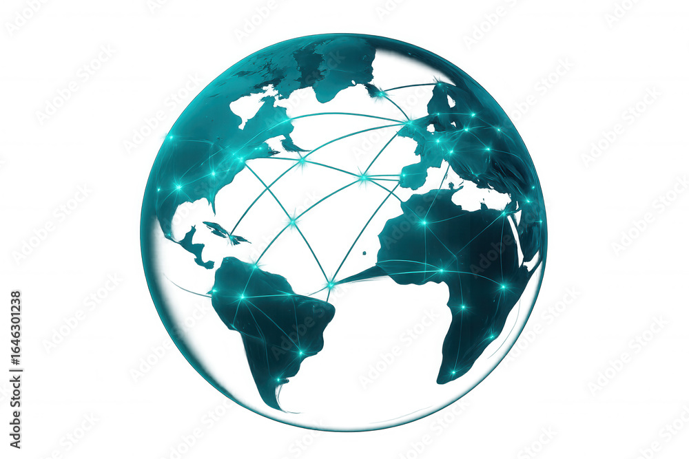 Poster glowing lines connecting points on a transparent globe illustrate global interconnectedness on a tra