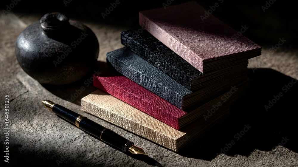 Poster stacked notepads in various colors and textures on a rustic surface.