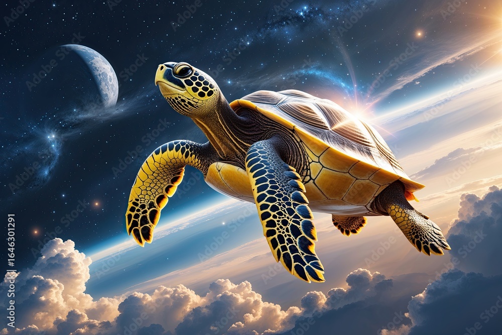 Wall mural charming yellow turtle gliding through serene cosmic landscape with stunning astral views