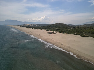 Aerial view of Iztuzu Beach near Dalyan in Mugla province, pale sand and gentle surf line the...