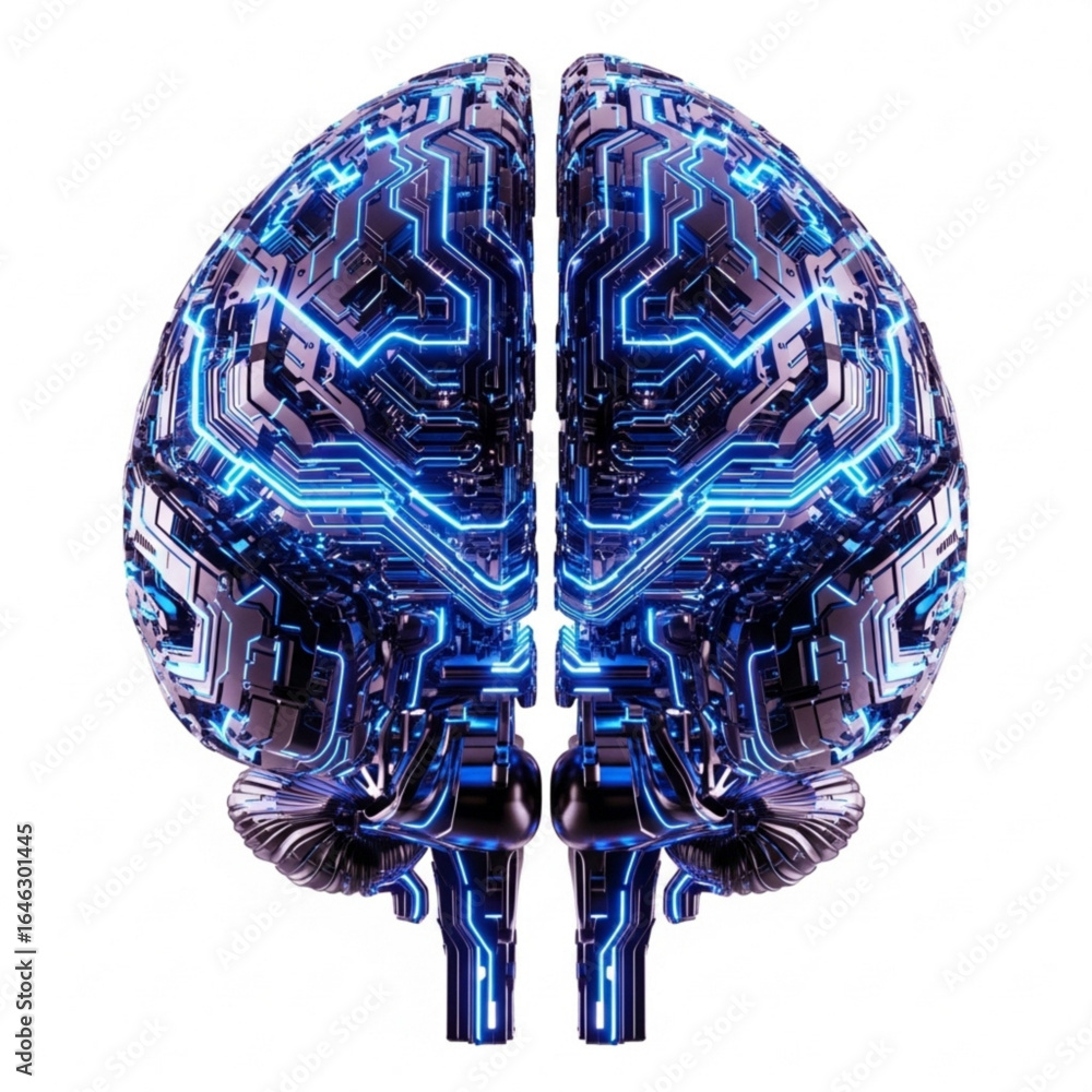 Poster digital representation of human brain with intricate circuit patterns and glowing blue light effects