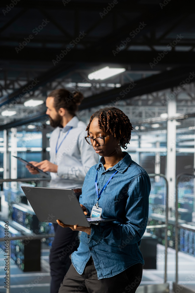 Poster data center programmer on industrial platform checking lines of code, collaborating on ai tasks. ser