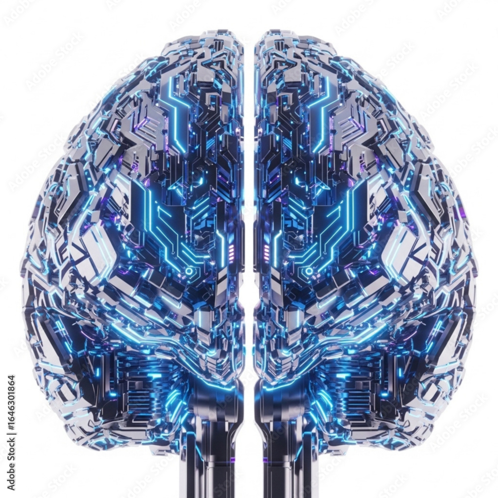 Poster digital representation of human intellect with intricate circuit patterns and bright blue illuminati