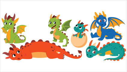 Obraz premium Fantasy fairy dragons set cute magical creatures vector art