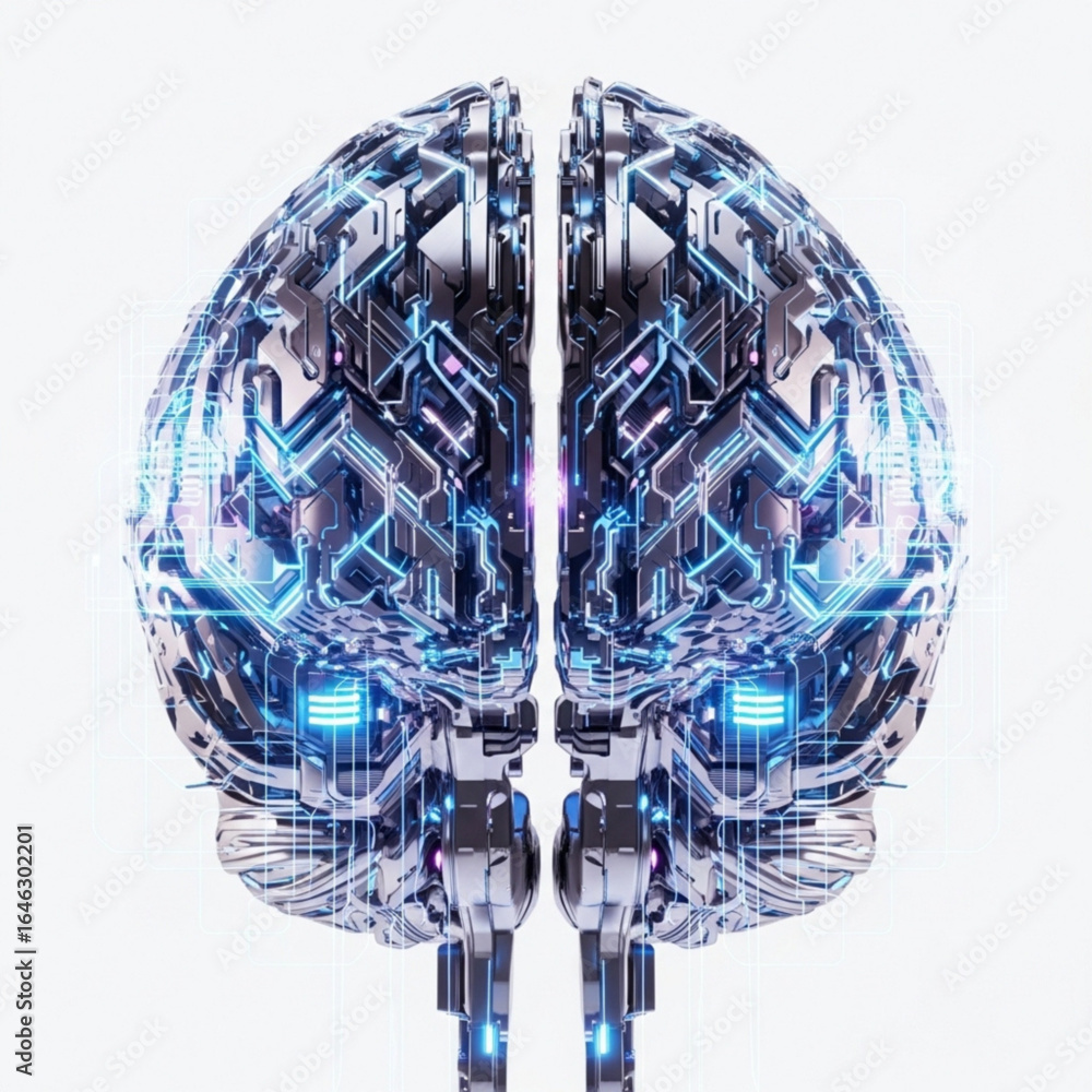 Poster metallic cerebral structure with intricate circuitry patterns and glowing light accents in symmetric
